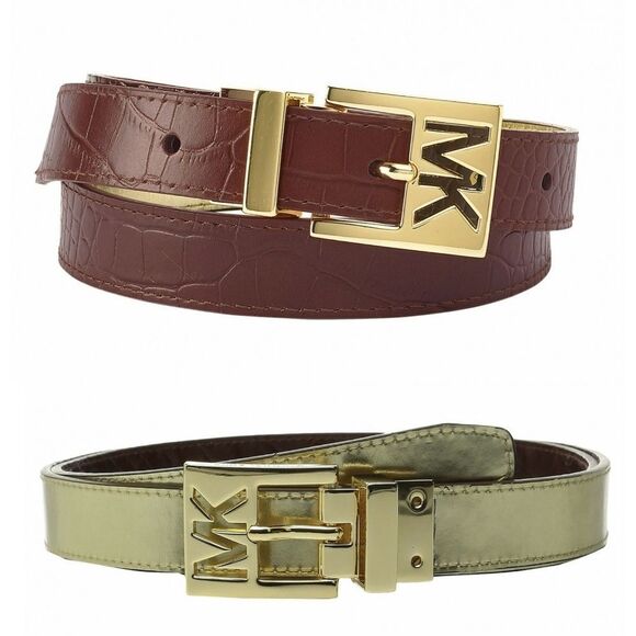 New! MICHAEL KORS MK Logo Women's Reversible Leather Belt Brown Gold Size Large - Picture 1 of 6